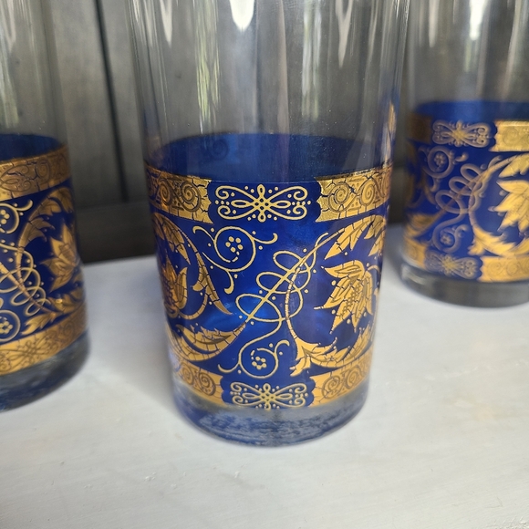 Vintage Cobalt blue and gold MCM Highball Glasses with Moroccan design Set of 4 - Picture 3 of 6